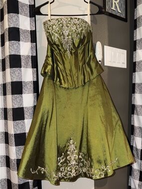 Mary's Bridal Olive Green Strapless Prom Dress with Silver Embroidery